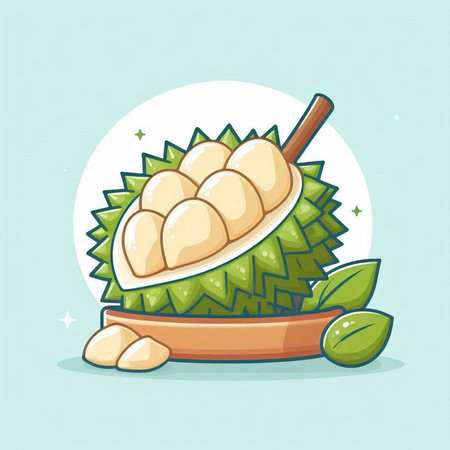 Illustration of Durian fruit with wooden spoon. Vector illustration.のイラスト素材