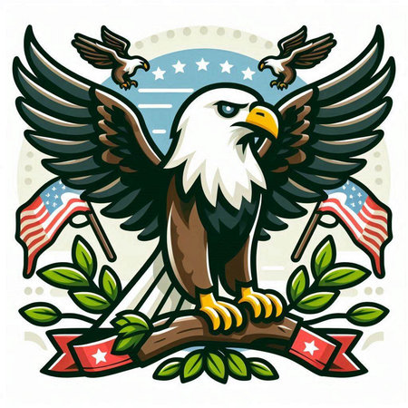 Eagle with American flag on a tree branch. Vector illustration.のイラスト素材