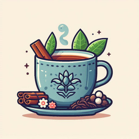 Cup of tea with cinnamon and leaves. Hand drawn vector illustration.のイラスト素材