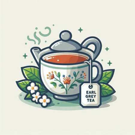 Tea label with teapot and floral elements. Vector illustration.のイラスト素材