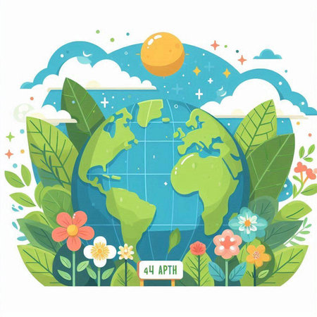 Ecology concept. Earth globe with plants and flowers. Vector illustrationのイラスト素材