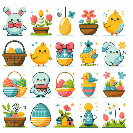 Set of cute easter eggs and flowers in basket. Vector illustrationのイラスト素材