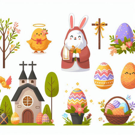 Easter icons set. Easter eggs, bunny, church, tree, basket with flowers. Vector illustrationのイラスト素材