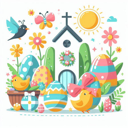 Easter card with colorful eggs, spring flowers and birds. Vector illustration.のイラスト素材