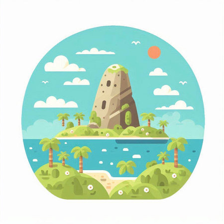 Tropical island in the ocean. Vector illustration in trendy flat style.のイラスト素材