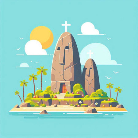 Vector illustration of the island with a Christian cross and a church.のイラスト素材