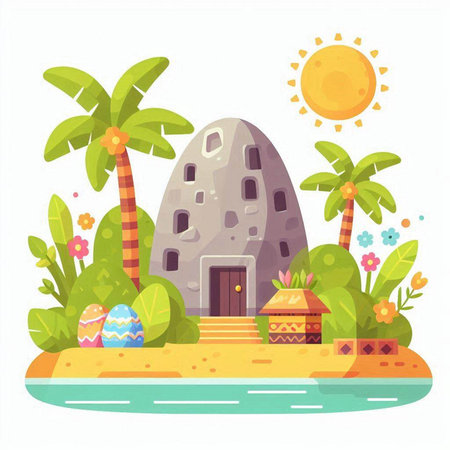 Cave house on the beach. Vector illustration in flat style.のイラスト素材