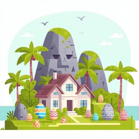Vector illustration of a house on a background of mountains and sea.のイラスト素材