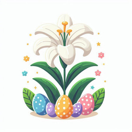 Easter eggs and lily flower. Vector illustration in cartoon styleのイラスト素材