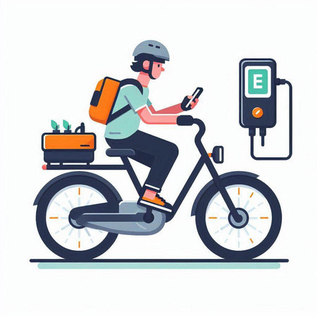 Bike courier in helmet with thermo bag and mobile phone, flat vector illustration.のイラスト素材