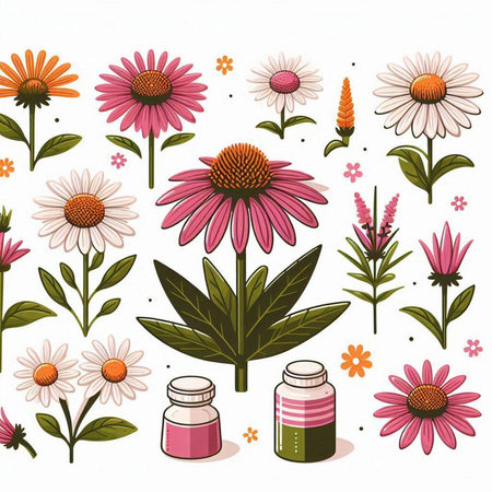 Echinacea flowers and aromatherapy bottles. Vector illustration.のイラスト素材