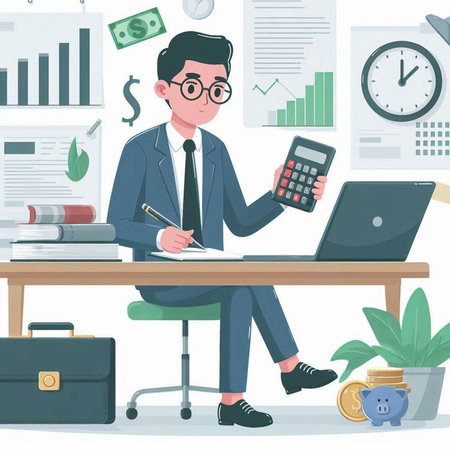 Businessman working at the office. Vector illustration of a cartoon character.のイラスト素材