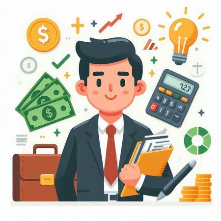 Businessman with a briefcase, calculator and money. Vector illustration.のイラスト素材