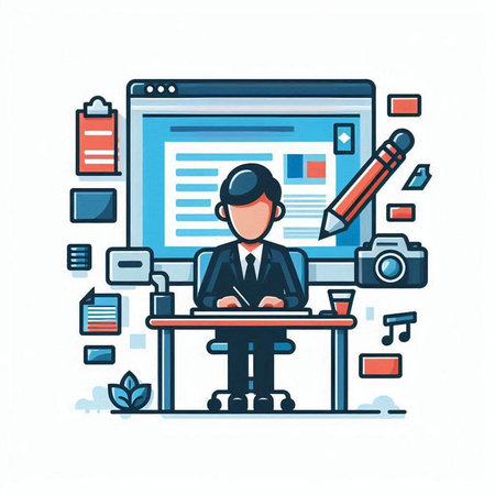 Businessman working on computer. Modern thin line style vector illustration.のイラスト素材