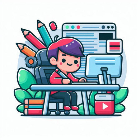 Cute boy working on computer at home, cartoon vector illustration.のイラスト素材