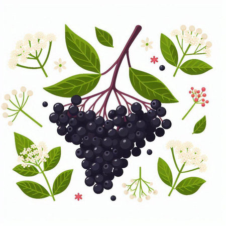Elderberry bunch with leaves, berries and flowers. Vector illustration.のイラスト素材