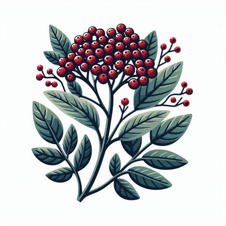 Branch with red rowan berries isolated on white background. Vector illustration.のイラスト素材