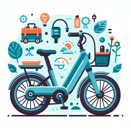 Vector illustration of bike with different icons in flat style. Eco transport concept.のイラスト素材