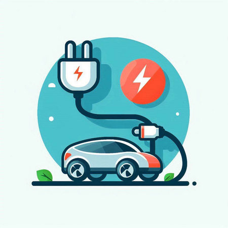 Electric car charging flat color vector illustration. Renewable energy concept.のイラスト素材