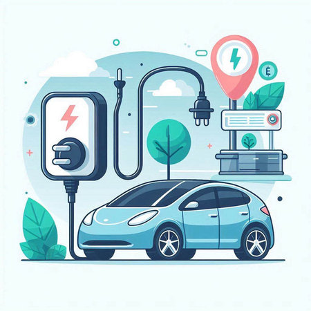 Electric car charging station, vector illustration in flat style. Electric vehicle charging station with electric plug.のイラスト素材