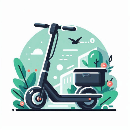Modern scooter with suitcase on the background of the city. Vector illustrationのイラスト素材
