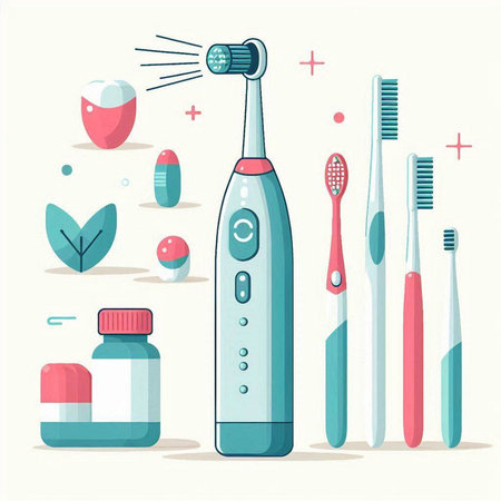 Electric toothbrush, toothpaste and other hygiene products. Vector illustration.のイラスト素材