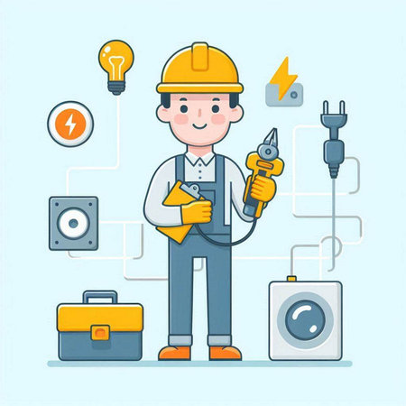 Repairman with tools and equipment. Vector illustration in cartoon styleのイラスト素材