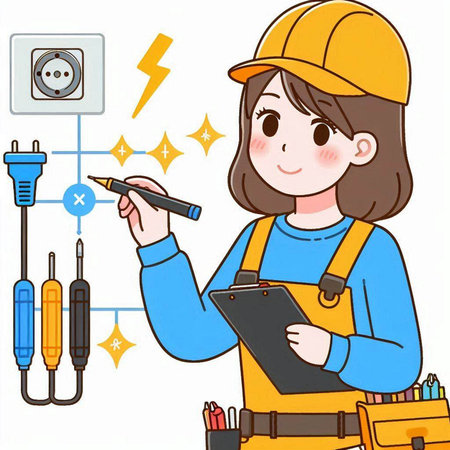 Illustration of a female electrician with a clipboard and electrical equipmentのイラスト素材