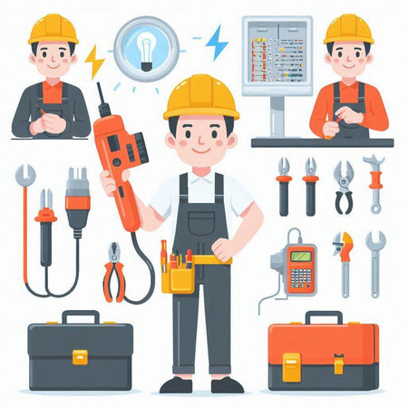 Worker with tools. Set of work tools. Vector illustration.のイラスト素材