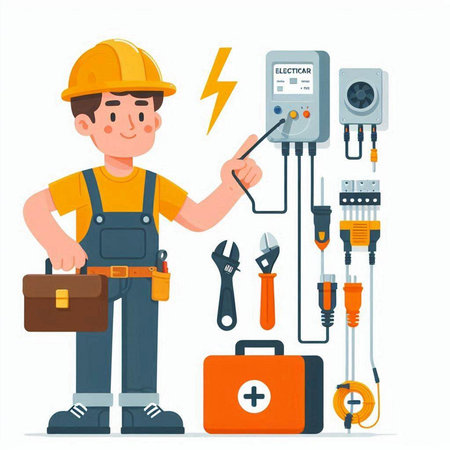 Electrician with tools and equipment. Vector illustration in cartoon style.のイラスト素材