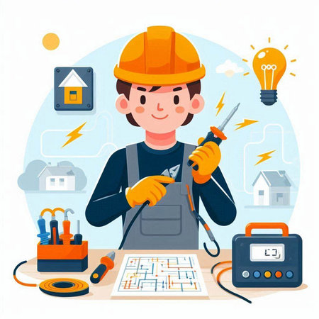 Electrician working at home. Electrician in uniform. Vector illustrationのイラスト素材