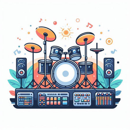 Drum set on white background. Vector illustration in flat style.のイラスト素材