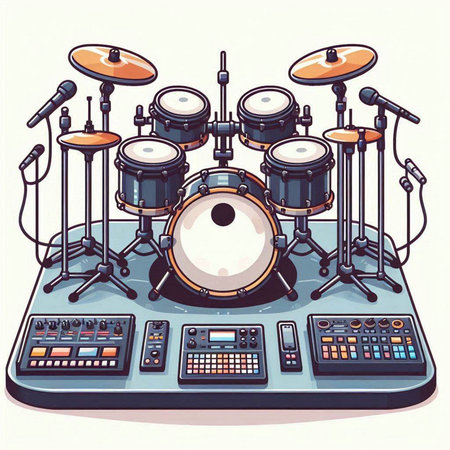 Drum set on the table. Vector illustration in retro style.のイラスト素材