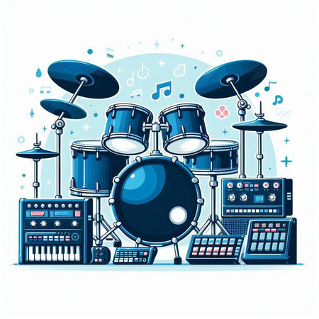 Drum set with musical notes. Vector illustration in cartoon style.のイラスト素材