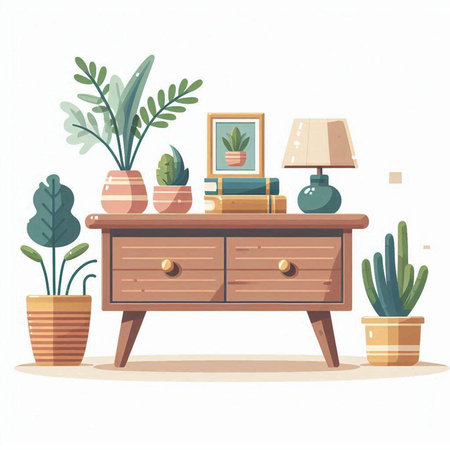 Vector illustration of living room interior with furniture and plants. Flat style.のイラスト素材