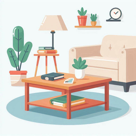 Living room interior. Vector illustration in flat style. Furniture and home accessories.のイラスト素材