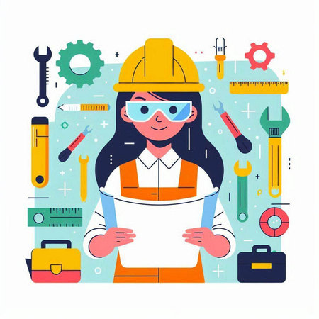 Engineer woman in helmet and glasses with construction tools. Vector illustrationのイラスト素材