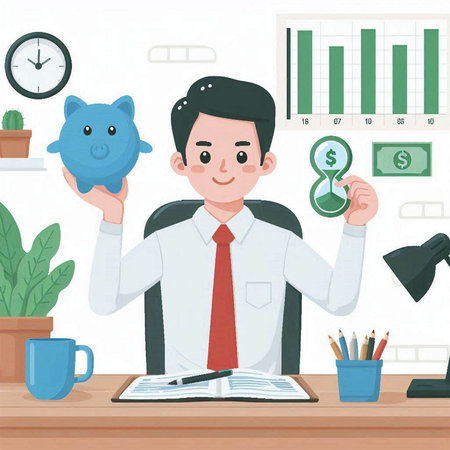 Businessman holding piggy bank in office. Vector illustration in cartoon style.のイラスト素材