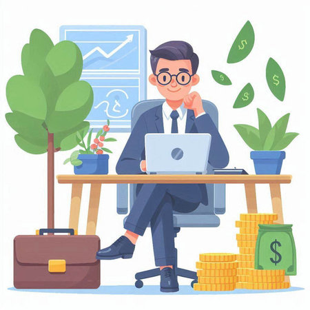 Businessman sitting at desk with laptop. Successful business concept. Vector illustration in cartoon styleのイラスト素材