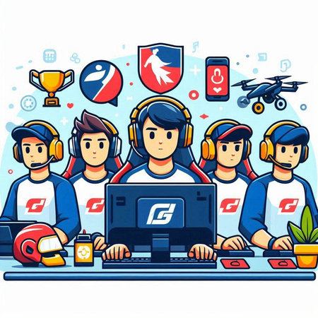 Vector illustration of people playing video games on laptop. Teamwork concept.のイラスト素材