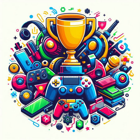 Game elements cartoon doodle illustration. Colorful detailed composition with lot of gaming objects and symbolsのイラスト素材