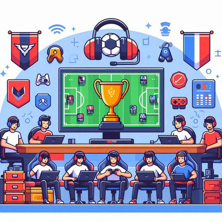 Soccer or football game vector illustration. Flat style design with people sitting at the table, playing soccer, using gadgets, mobile devices and gadgets.のイラスト素材