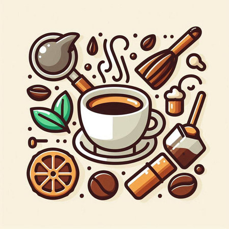 Cup of coffee, spoon, sugar, cinnamon, orange, coffee beans, whisk. Vector illustrationのイラスト素材