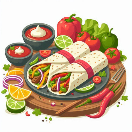 Mexican tacos with vegetables and sauce on wooden board. Vector illustrationのイラスト素材