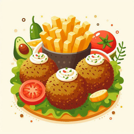 Illustration of croquettes with french fries and salad. Vector illustration.のイラスト素材