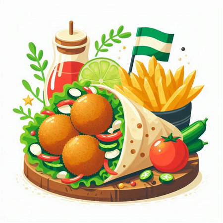 Tacos with fries and vegetables on white background. Vector illustration.のイラスト素材