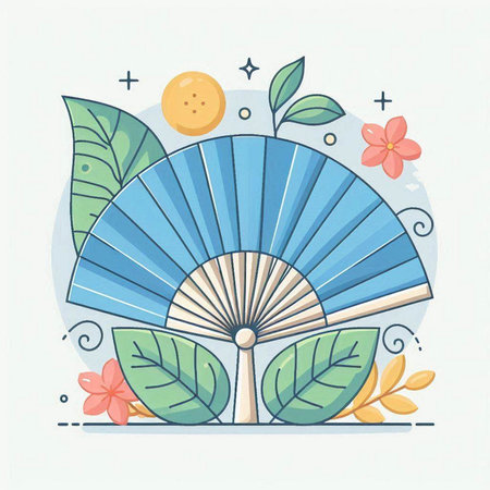 Folding fan and flowers. Vector illustration in a flat style.のイラスト素材