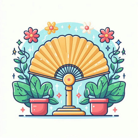 Folding fan with flowers in pots. Vector hand drawn illustration.のイラスト素材