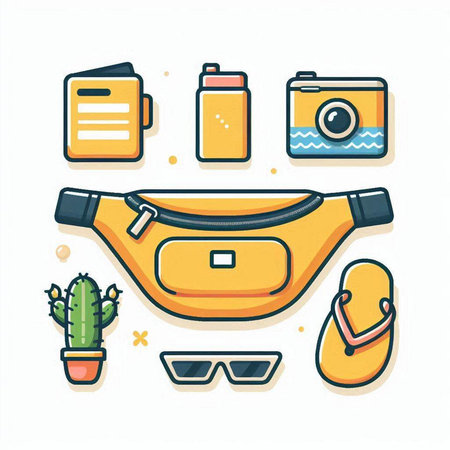 Flat design vector illustration of travel and vacation icons set. Luggage, camera, sunglasses, bag, cactus, sandals isolated on white background.のイラスト素材