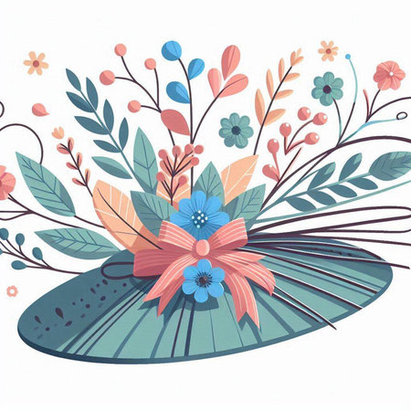 Hand drawn vector abstract floral illustration with leaves, flowers, branches and bowのイラスト素材